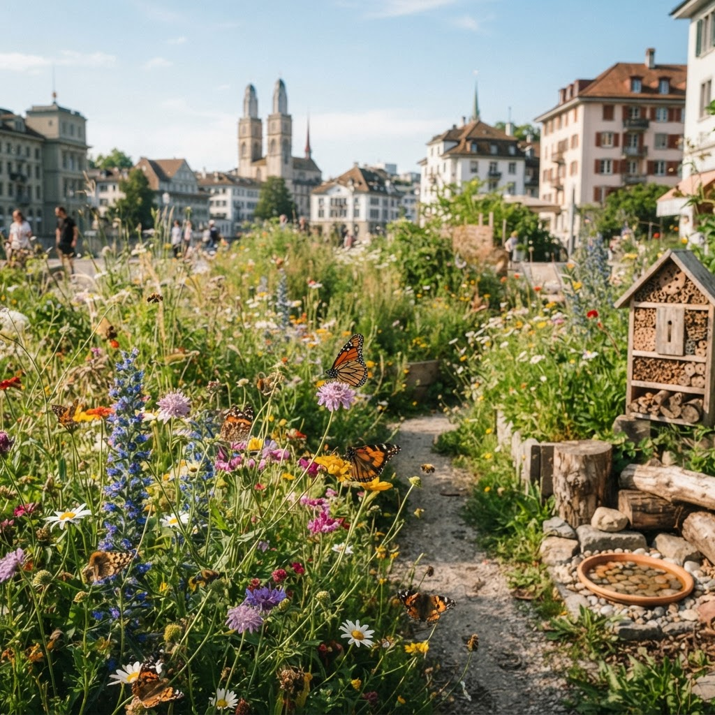 Illustrative pollinator-friendly biodiversity space with wildflowers