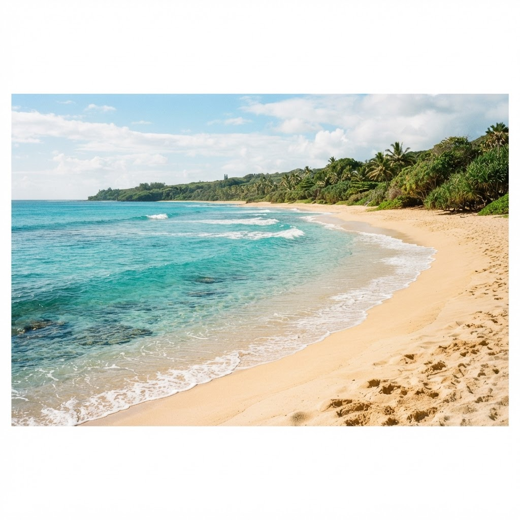 The same shoreline restored to a clean beach with clear turquoise water