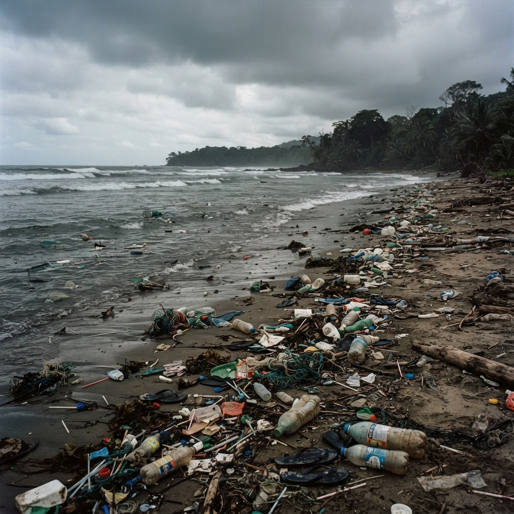 A tropical shoreline scattered with plastic waste under overcast light