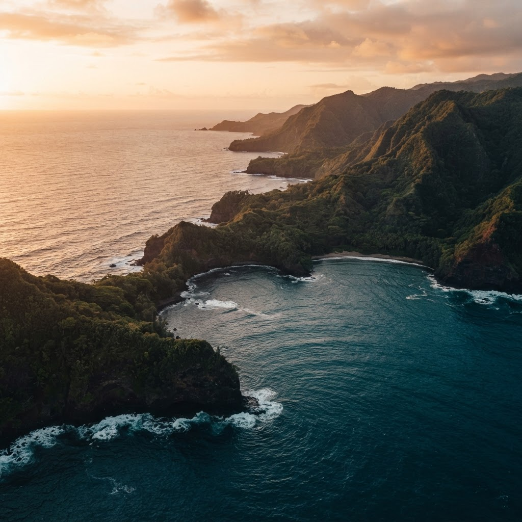 Aerial view of a deep teal ocean meeting a rugged tropical coastline at golden hour